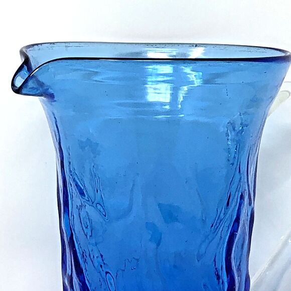 Studio Art Glass Pitcher Hand Blown Textured Ombre Blue Clear Handle 7" Tall - Picture 12 of 12